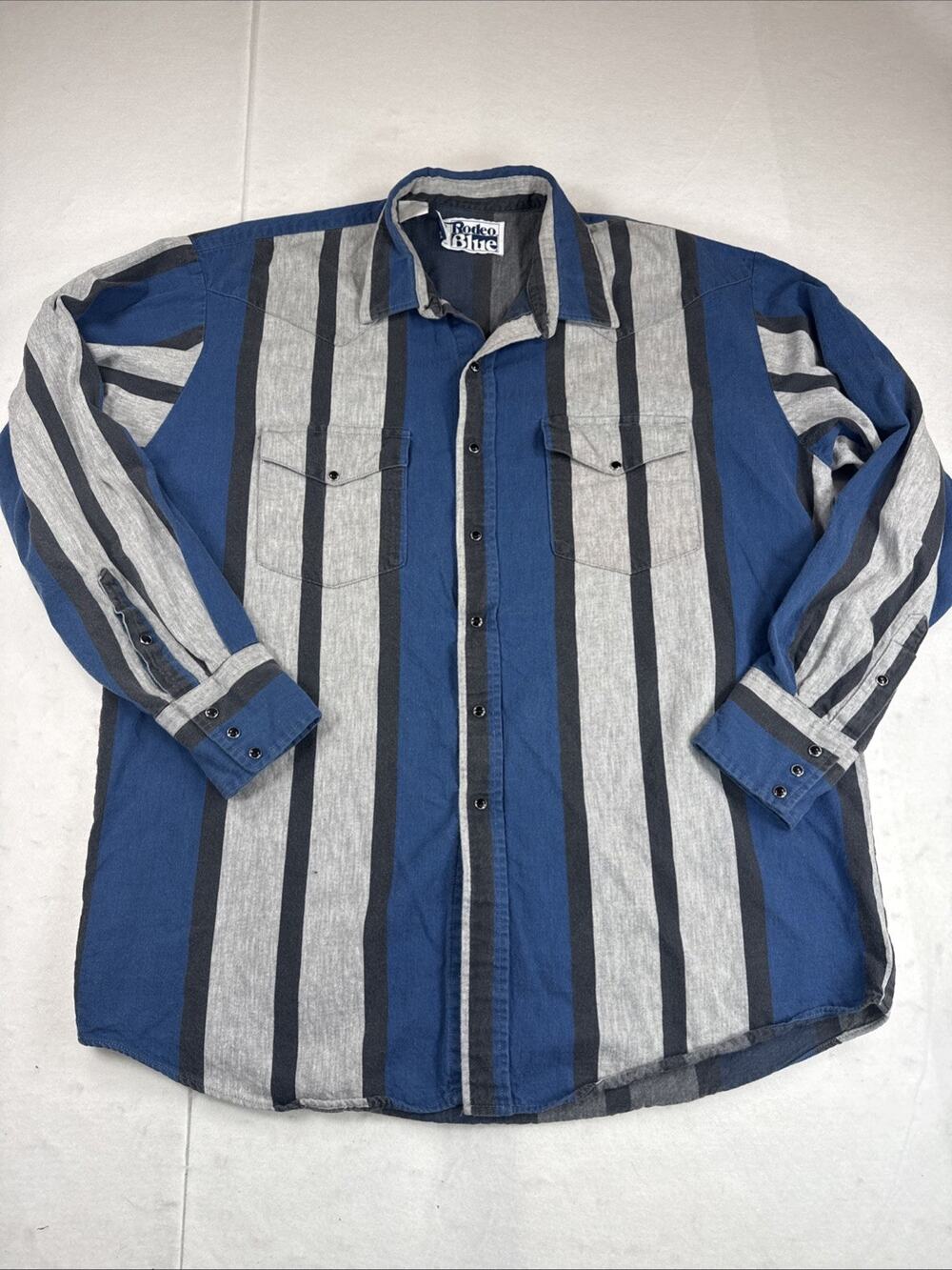 Vintage 90s Roper Rodeo Blue Striped Western Pearl Snap Shirt Mens XL